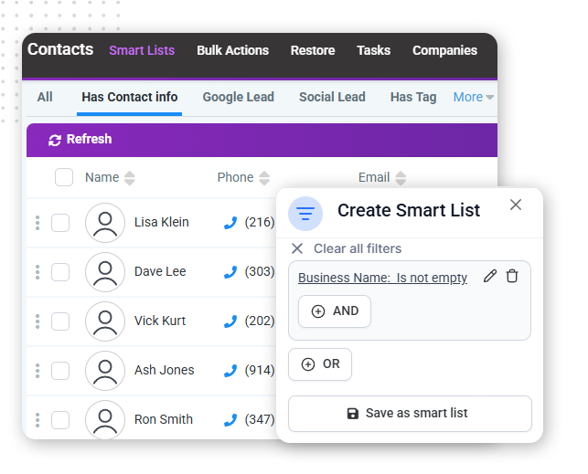 A contact management interface displays names, phone numbers, and emails. A popup overlays the list, letting users create and save a smart list with filter options, streamlining contact organization as an automation solution.