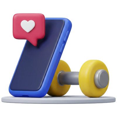 A blue smartphone with a red heart notification stands next to a yellow dumbbell on a round gray platform, symbolizing fitness and social media—an ideal visual for any wellness marketing campaign or gym marketing agency.
