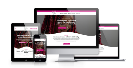 A modern website for Sylvia’s Hair Braiding is displayed across devices with a white background, pink accents, a logo, and a stylish headline—perfect for a Home Services Case Study alongside brands like breezall window cleaning.