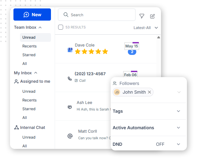 A customer service dashboard shows a team inbox with messages, including one from Dave Cole with a call icon and date, and a pop-up menu displaying a follower named John Smith with automation and business operations management options.
