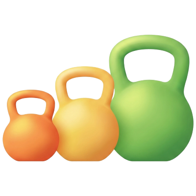 Three kettlebells in orange, yellow, and green colors are arranged from smallest to largest in a row on a plain white background, creating an eye-catching visual perfect for wellness marketing campaigns.