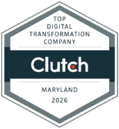 A hexagonal badge featuring the text Top Digital Transformation Company, Clutch, Maryland, and 2026 in black and gray on a white background, highlighting recognition and awards in the industry.