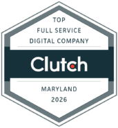 A hexagonal badge displaying Top Full Service Digital Company, Clutch, Maryland, 2026 in bold text, with a dark center stripe featuring the Clutch logo—highlighting this prestigious recognition and awards achievement.