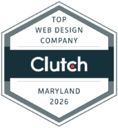 A hexagonal badge reading Top Web Design Company, Clutch, Maryland 2026, features a dark blue center stripe and white background—an emblem of awards and recognition.