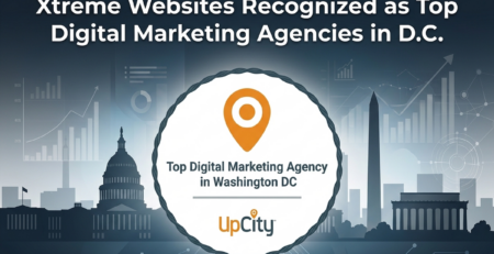 Graphic announcing Xtreme Websites as a Top Digital Marketing Agencies DC Award winner, featuring the UpCity logo, Washington DC landmarks like the Capitol and Washington Monument, with charts in the background.