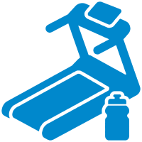 Blue icon of a treadmill with a water bottle in the foreground, suggesting exercise or gym activity—ideal for wellness marketing materials or use by a gym marketing agency.
