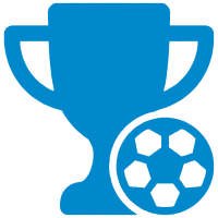 Blue trophy icon with a soccer ball in front, symbolizing a soccer or football championship or award—ideal for use by a gym marketing agency to promote sports achievements and wellness marketing campaigns.