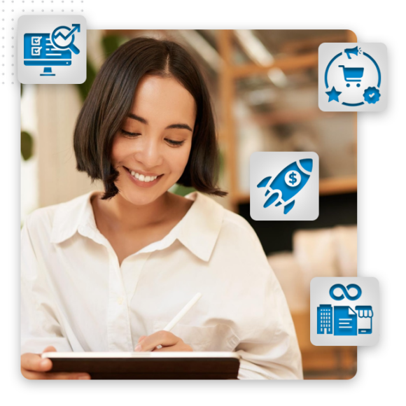 A smiling woman uses a digital tablet with a stylus, surrounded by icons representing ecommerce, financial growth, automation, web page design, and business development.