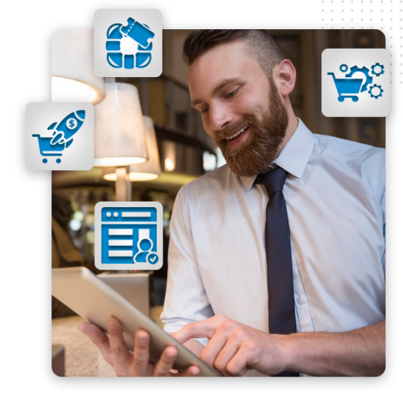A bearded man in a dress shirt and tie uses a tablet. Around him are digital icons for online shopping, payment, and settings, suggesting e-commerce or website services like web page design and account management.