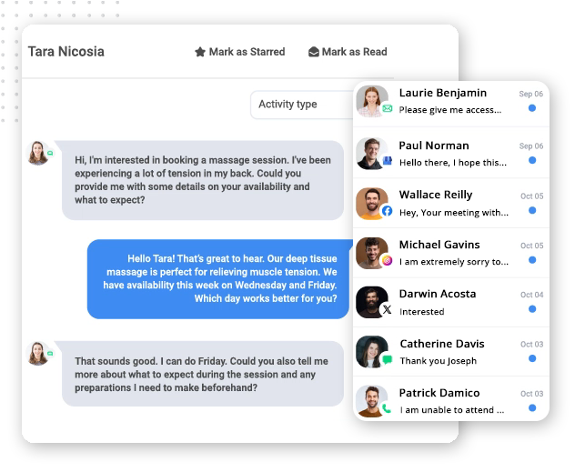 Screenshot of a chat interface discussing a massage session booking, with a sidebar listing recent chat contacts—highlighting how client portal software streamlines customer service automation for seamless communication.