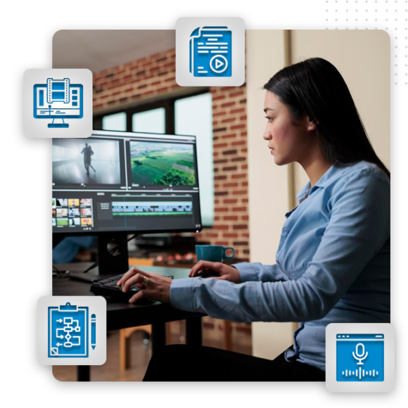Video Production feat img A woman sits at a desk editing videos on a dual-monitor computer setup. Blue icons around the image represent video editing, digital documents, workflow, audio recording, and branding services for brand designers.