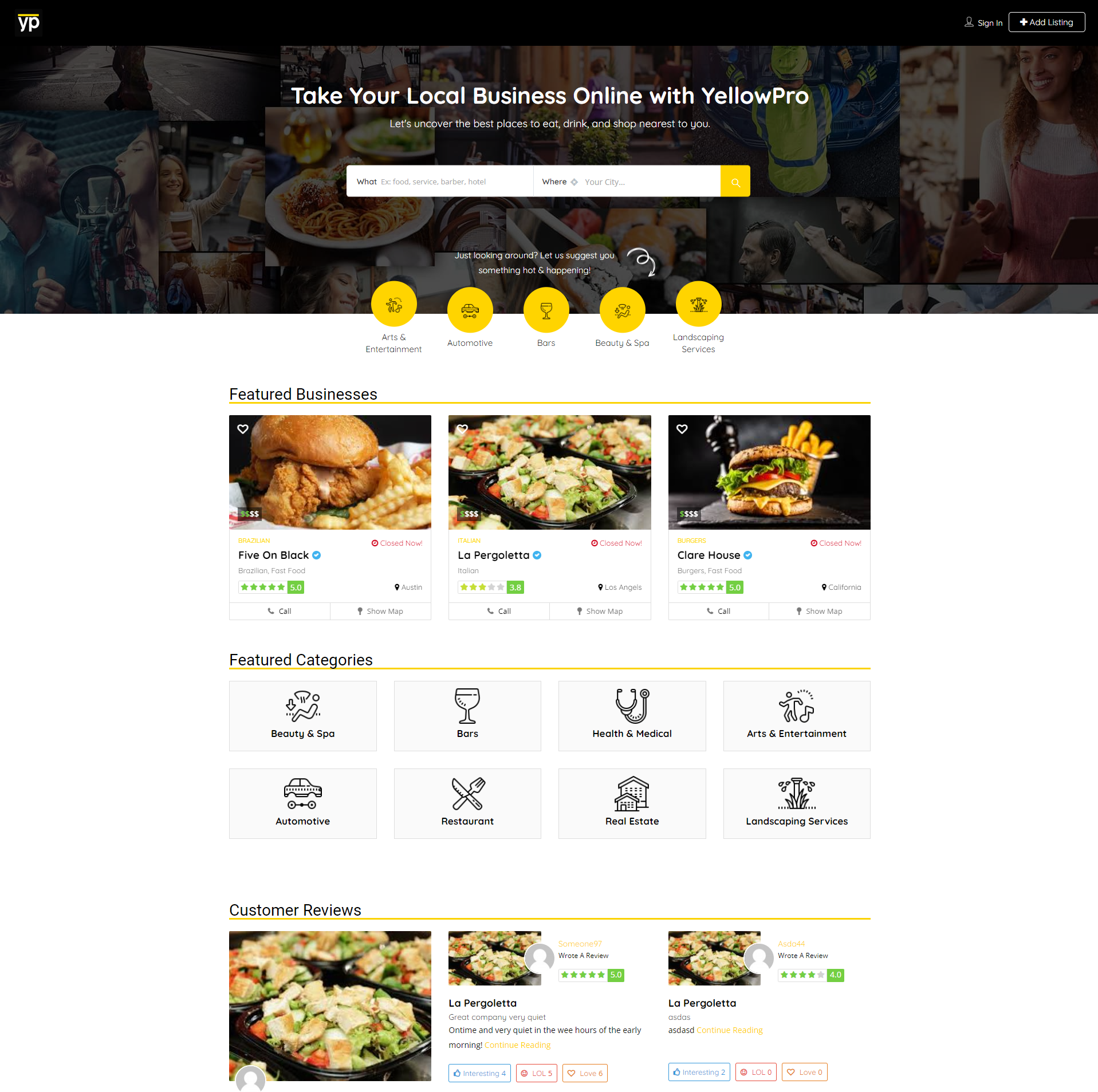 A business directory website homepage featuring a search bar, categories such as automotive and restaurants, images of featured businesses, category icons, and customer reviews with star ratings.