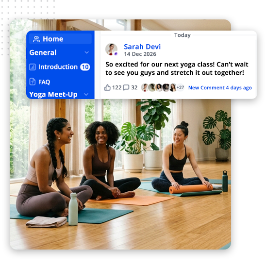 Yoga-Client-Portal-feat-img Three women sit on yoga mats in a bright, plant-filled room, smiling and talking. A social media post above them discusses excitement for an upcoming yoga class, highlighting the power of wellness marketing to build community and anticipation.