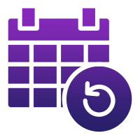 Purple calendar icon with a circular arrow overlay in the bottom right corner, symbolizing schedule, repetition, or recurring events—ideal for client portal interfaces focused on customer service automation.
