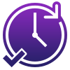 A purple clock icon with arrows forming a circle around it, symbolizing time or history—ideal for illustrating service management or customer service automation. The clock displays 2:00.