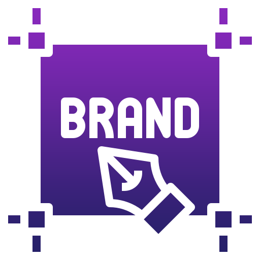 A purple square with the word “BRAND” in bold white letters above a graphic of a hand holding a pencil, surrounded by corner brackets, symbolizing design, branding, and modern client portal software.