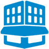 Blue icon of a building with four windows on each visible side, sitting on a stylized base. The design is simple and geometric, suggesting an office or apartment building—perfect for representing Real Estate Lead Generation and modern Real Estate Marketing strategies.