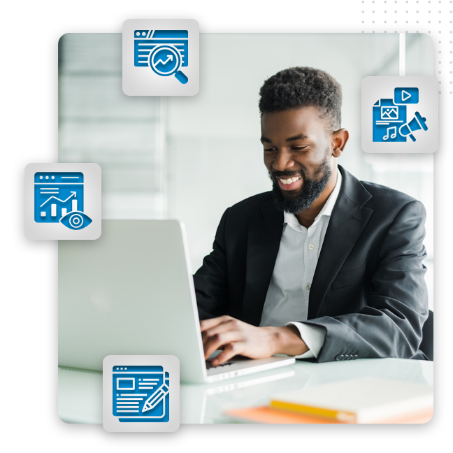 content writing img A man in a suit smiles while working on a laptop at a desk, surrounded by four blue icons representing analytics, marketing, content creation, and data visualization—showcasing the expertise of a leading branding company.