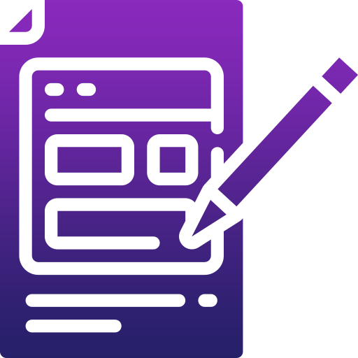 A purple and white icon showing a document with rectangular shapes for text and images, and a pencil writing on it, symbolizing editing or creating content as part of business operations management or process automation.
