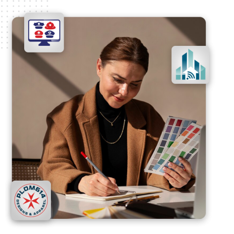 A woman in a brown coat sits at a desk, holding a color swatch and writing in a notebook. Illustrated icons of a computer, a building, and a logo reading DPLON614 DESIGNS & APPAREL highlight her role at a professional logo design company.