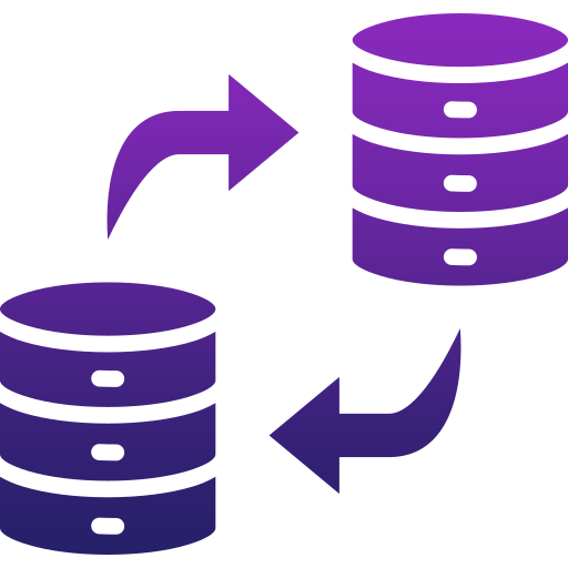 Two stacks of discs, representing databases or servers, with curved arrows between them indicating process automation or synchronization. The image uses shades of purple on a light background.