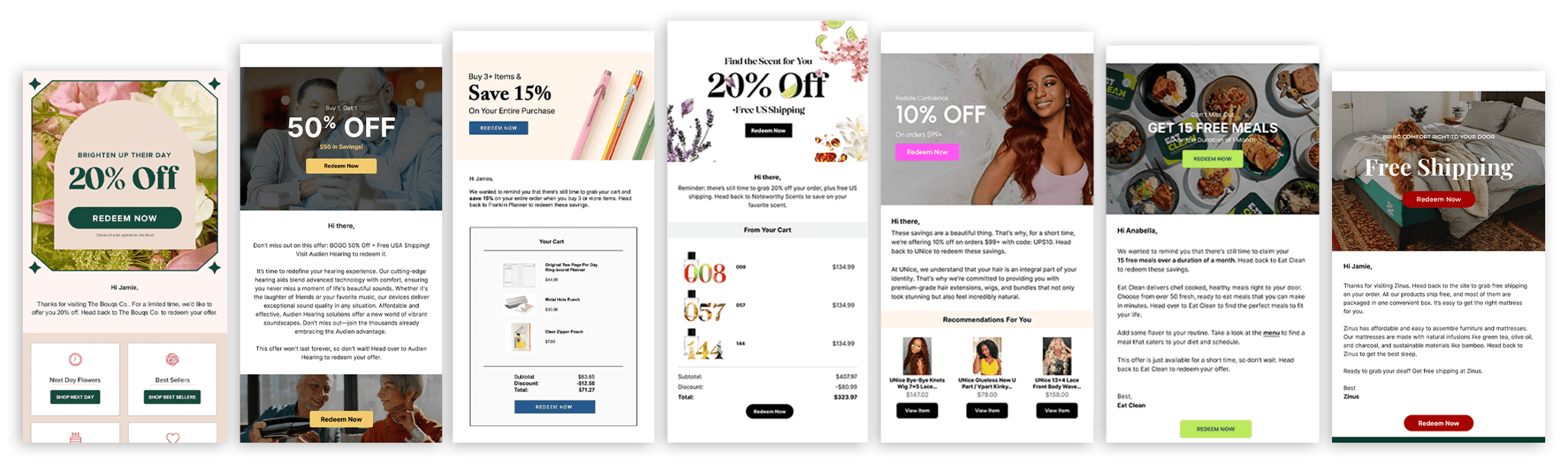 A row of seven promotional email templates for your email marketing platform, offering 20% off, 50% off, free shipping, and more—each with vibrant designs, product images, and clear call-to-action buttons to power your next drip campaign.