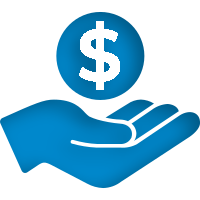 A blue hand icon is open with the palm facing up, holding a blue circle featuring a white dollar sign, symbolizing transparent Website Development Packages and clear Custom Web Development Pricing.