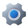 A gray gear with six rounded teeth and a blue circular center, resembling a settings or configuration icon for crm software, displayed on a white background.