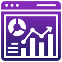 Icon of a web browser window displaying data analytics, featuring a pie chart, line graph, and bar chart with an upward trend—ideal for illustrating the best CRM platform or CRM software for small businesses—all in white on a purple gradient background.