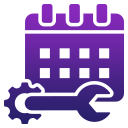 A purple icon displays a calendar with a gear and wrench in front, symbolizing scheduled maintenance or settings—ideal for illustrating automation company services or CRM Software for Small Businesses.