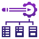 A purple icon showing a pencil with a gear above a connected network of three server-like databases, symbolizing content or data management and organization for an automation company or CRM platform.