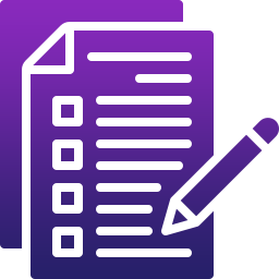 An icon showing two stacked documents with checkboxes and lines, next to a pencil, all in gradient purple tones, representing forms, checklists, or note-taking for an automation company or best CRM platform.