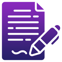 A purple icon showing a sheet of paper with writing and a pen signing at the bottom, symbolizing document signing or writing—ideal for crm software used by automation companies.