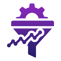 Purple icon of a funnel with a gear on top and a rising line graph passing through it, symbolizing process optimization or data analysis in a CRM platform.