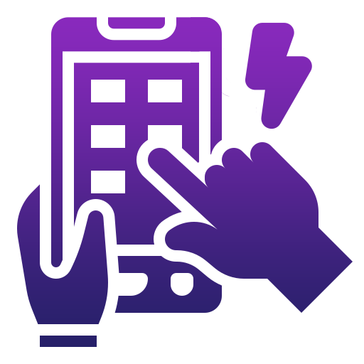 A purple icon showing a hand tapping on a tablet or smartphone screen with a grid of squares, and a lightning bolt symbol above to the right, representing a powerful crm platform.