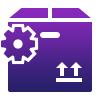 A purple icon of a cardboard box with a gear on its left side and two upward-pointing arrows on the front, symbolizing package settings or shipping configuration for an automation company or crm software.