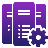 Icon showing three purple server stacks with a gear symbol in front, representing server management or configuration—ideal for an automation company or businesses seeking top CRM Software for Small Businesses.