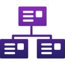 A stylized icon of a hierarchy diagram, ideal for illustrating a CRM platform, with one top card linked to two lower cards featuring text lines, all in shades of purple and blue.