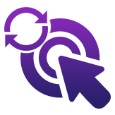 A stylized purple target with a large arrow cursor pointing at the center, and two circular arrows above it, suggesting actions like refresh, update, or targeting—ideal for illustrating features of the best CRM software.