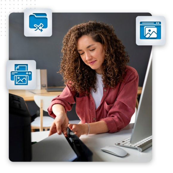 graphic design Web & Print Files img A woman with curly hair in a red shirt scans a document at her desk, surrounded by computer icons for printing and image editing—perfectly capturing the creative atmosphere of graphic design services.