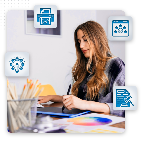 graphic design feat img A woman with long hair sits at a desk using a digital tablet for drawing. Icons for creativity, design, branding solutions, and achievement surround her. Art supplies and a color wheel are on the desk, reflecting innovative branding services.