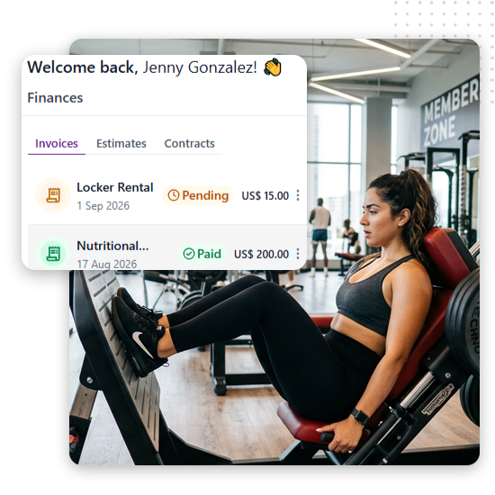 health-club-client-portal-feat-img A woman uses a leg press machine in a gym. An overlay shows a digital dashboard with finance details: locker rental (pending, $15) and nutritional plan (paid, $200). Welcomes Jenny Gonzalez back. This seamless integration reflects the innovative approach of a top gym marketing agency, focusing on personalized member experiences and wellness marketing strategies.