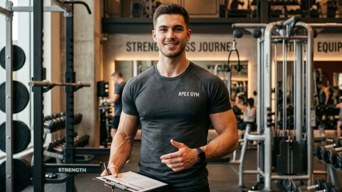 A man in a dark T-shirt holding a clipboard stands in a gym, smiling, with various gym equipment and weights visible in the background.