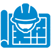 Blue icon showing a construction helmet and face over a blueprint, symbolizing architecture, engineering, or construction planning, and representing the foundational elements essential in effective Real Estate Marketing Strategies.