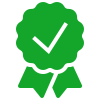 A green award ribbon icon with a scalloped edge and a checkmark in the center, perfect as a header image on pricing pages to signify certification or approval.