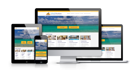 A travel website for Lifestyle Vacations in the Caribbean is shown on a desktop monitor, laptop, tablet, and smartphone, featuring a consistent design with ocean imagery and enticing vacation package options across all devices.