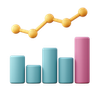A 3D illustration of a bar chart with four blue bars and one pink bar, plus a yellow line graph with circular points above the bars, visualizing an upward trend—ideal for showcasing press release distribution results.