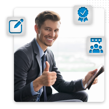 A smiling man in a suit gives a thumbs up while holding a tablet. Three icons surround him: a pencil in a box, a blue award ribbon, and a group of people with stars—perfect for showcasing professional logo design expertise.