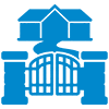 Blue icon of a house with a winding path leading to an open gate and two pillars in front, representing effective Real Estate Marketing strategies.