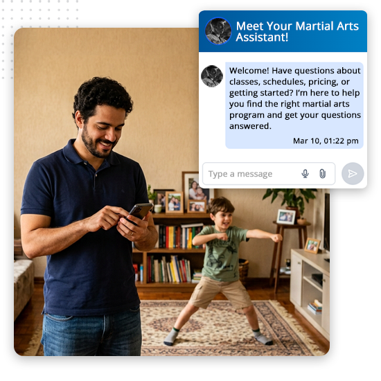 martial-arts-ai-chat-widgetl-feat-img A man smiles at his phone while a young boy practices martial arts in the background. A chat window—powered by a specialized gym marketing agency—asks if the user needs help with martial arts classes, schedules, or pricing.